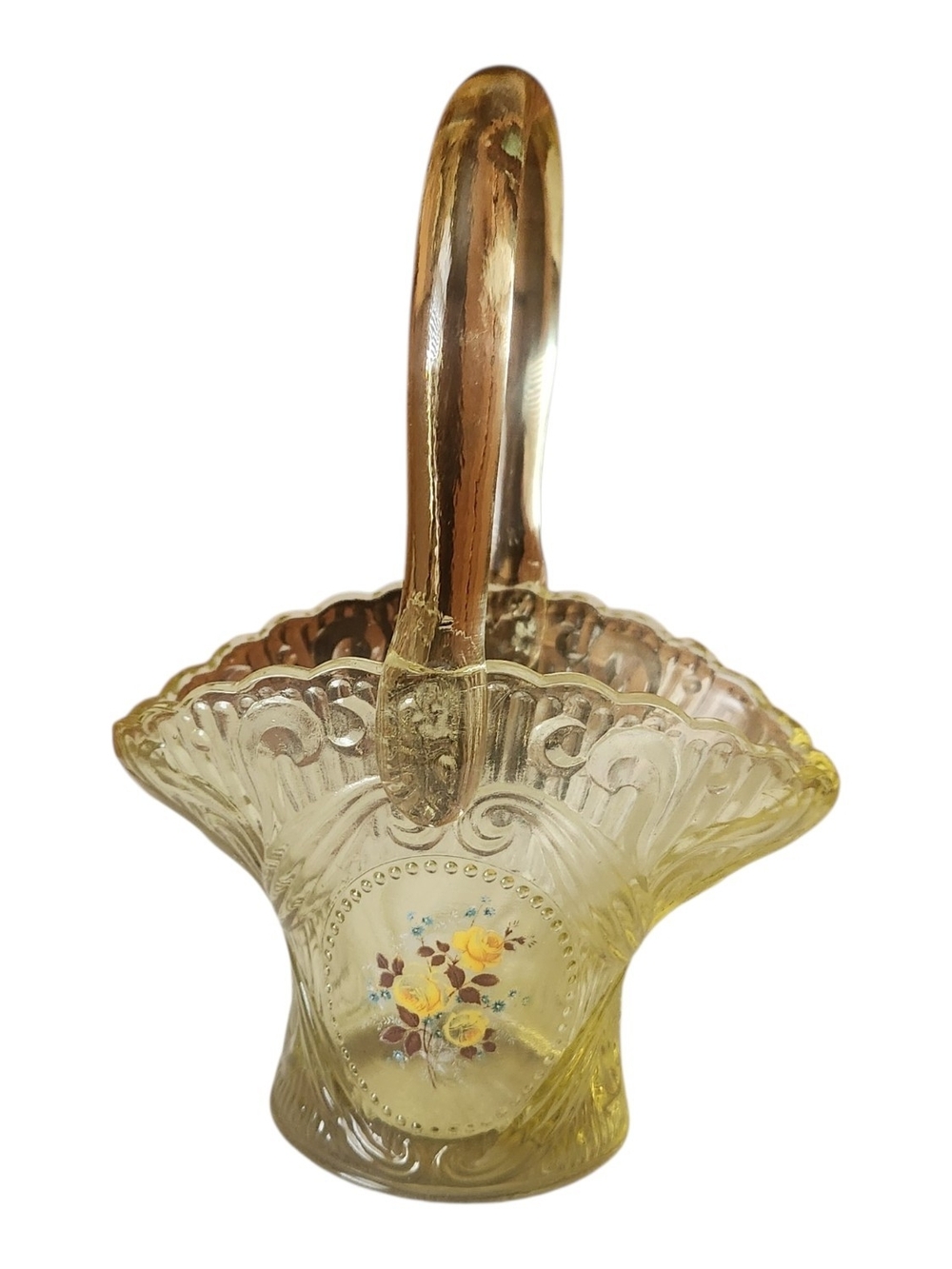 LE Smith VTG Hand Painted Yellow Basket 7.5" Tall 5.5" Wide Collectible